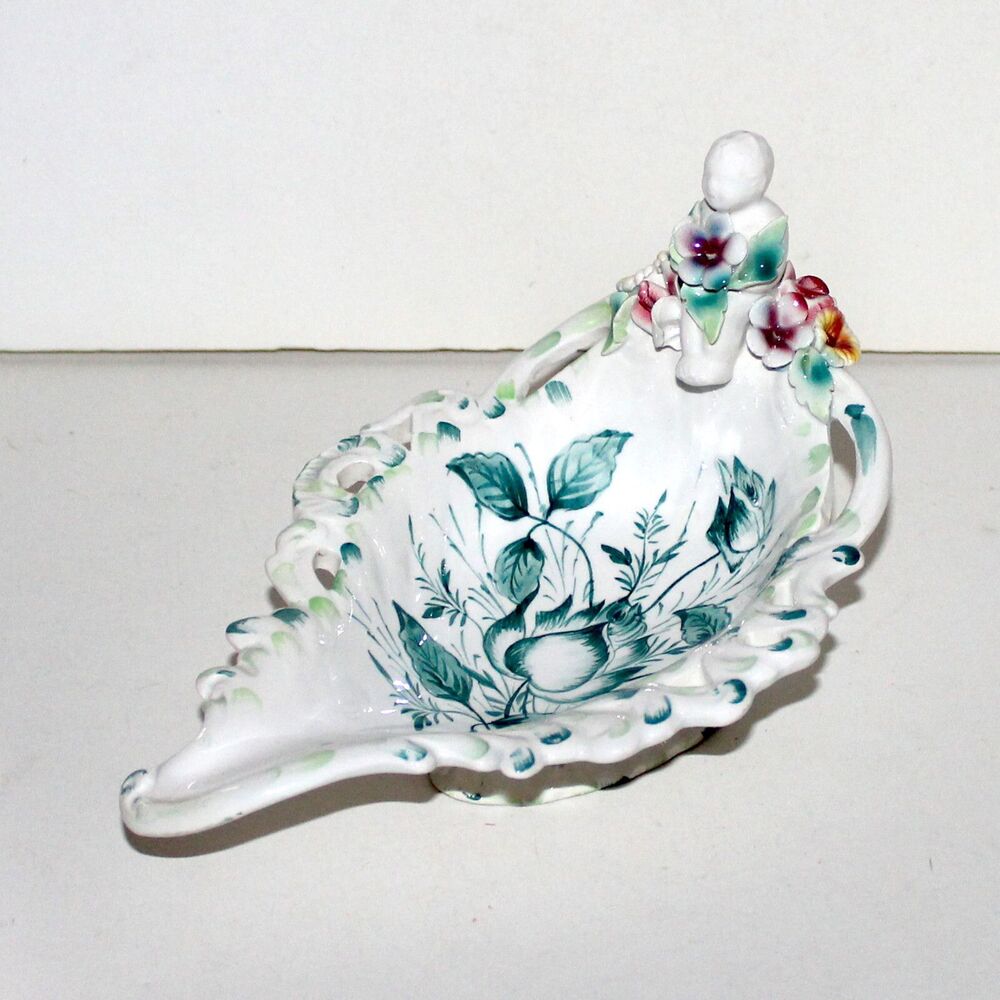 Vintage Bowl Italy Hand painted footed green floral cherub figure ceramic decor